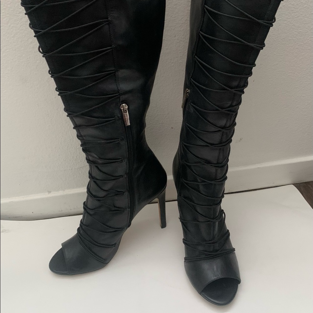 Vince Camuto black leather peep toe boots
